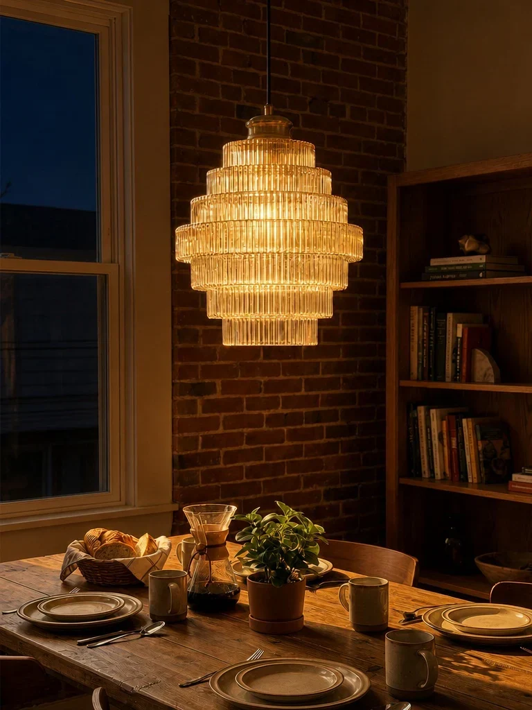 Pendellampe i riflet glass – art deco-taklampe i messing med flere nivåer - Image 5