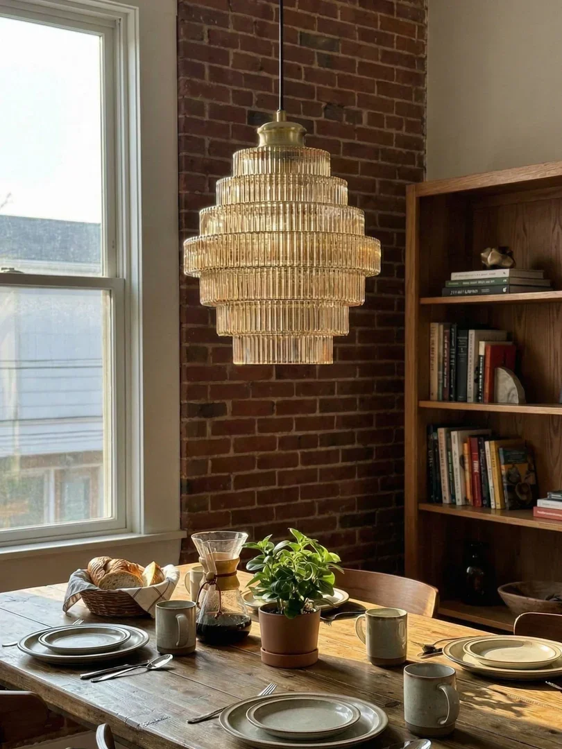 Pendellampe i riflet glass – art deco-taklampe i messing med flere nivåer - Image 4