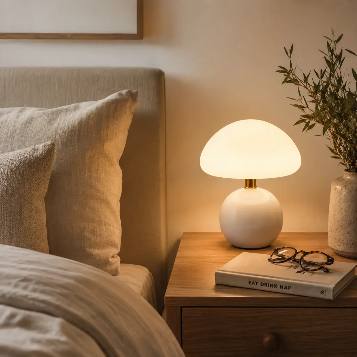 Soppformet bordslampe – fransk nattbordslampe i kremfarge, LED i 6 farger - Image 5